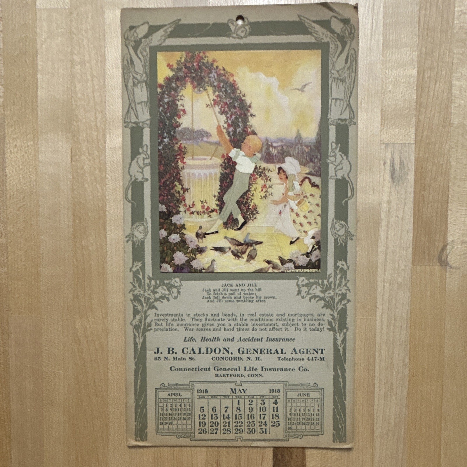 Vintage 1918 Advertising Calendar Connecticut General Life Insurance Jack Jill