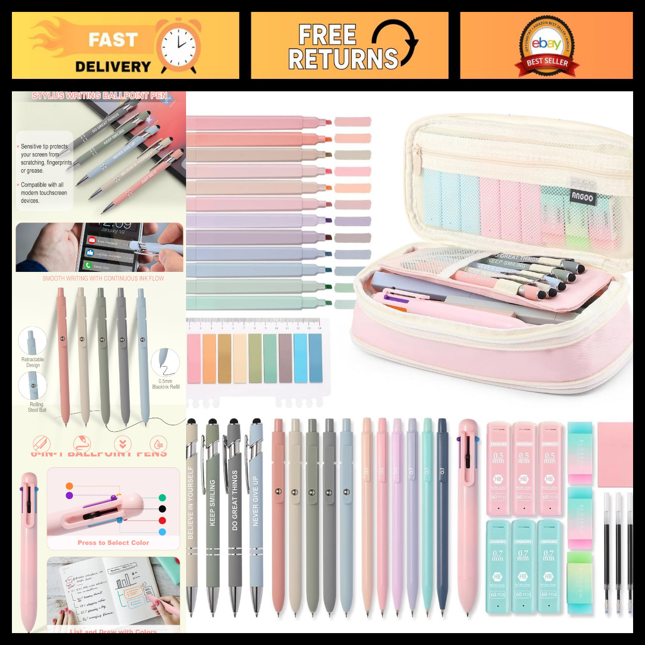 56 PCS Aesthetic School Supplies Set - Large Pencil Case, Pastel Highlighters &