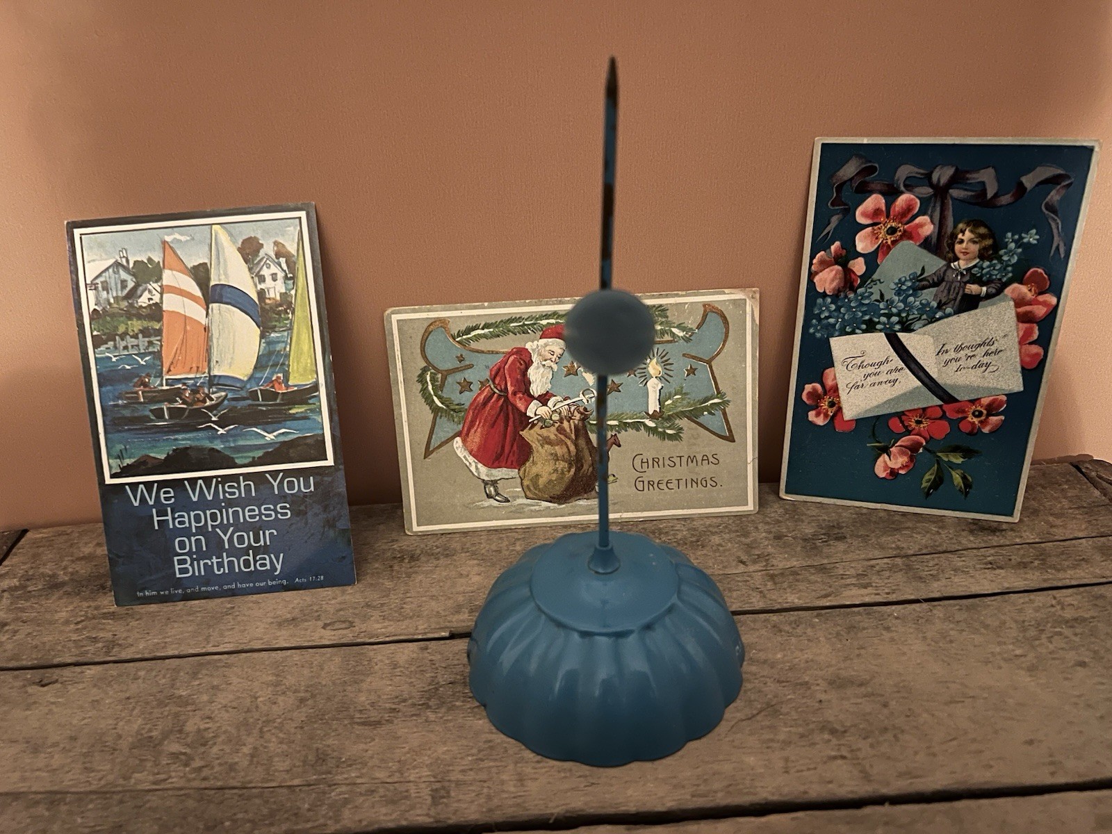 Vintage Receipt Spike Repurposed Ephemera Holder + 3 Postcards (1 Christmas) 