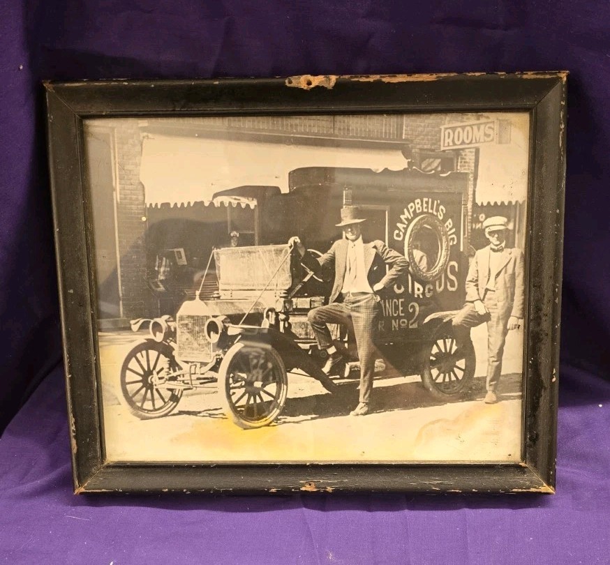 Original Campbell’s Big Circus Auto Photo Kodak Paper Framed Antique