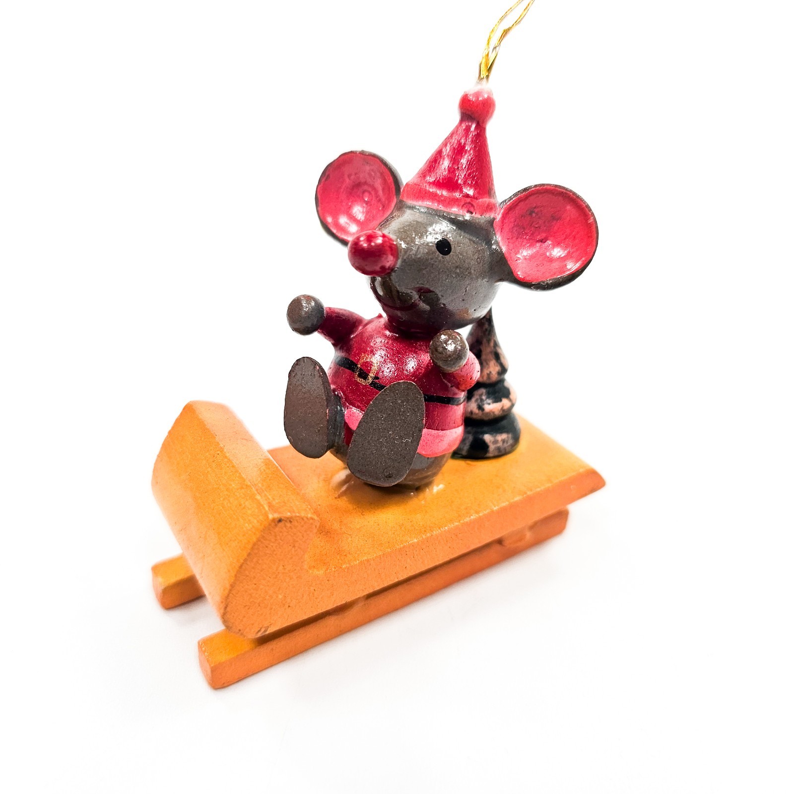 Russ Berrie Vintage Wooden Mouse Santa Suit on Sled Christmas Ornament Taiwan