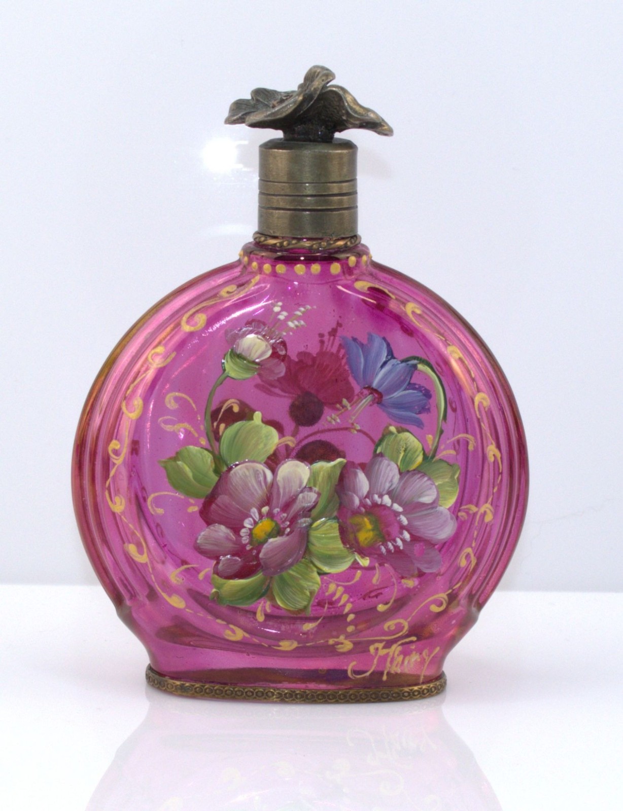 Vintage French Chanille No. 3 Pink Glass Perfume Bottle Hand Painted Floral
