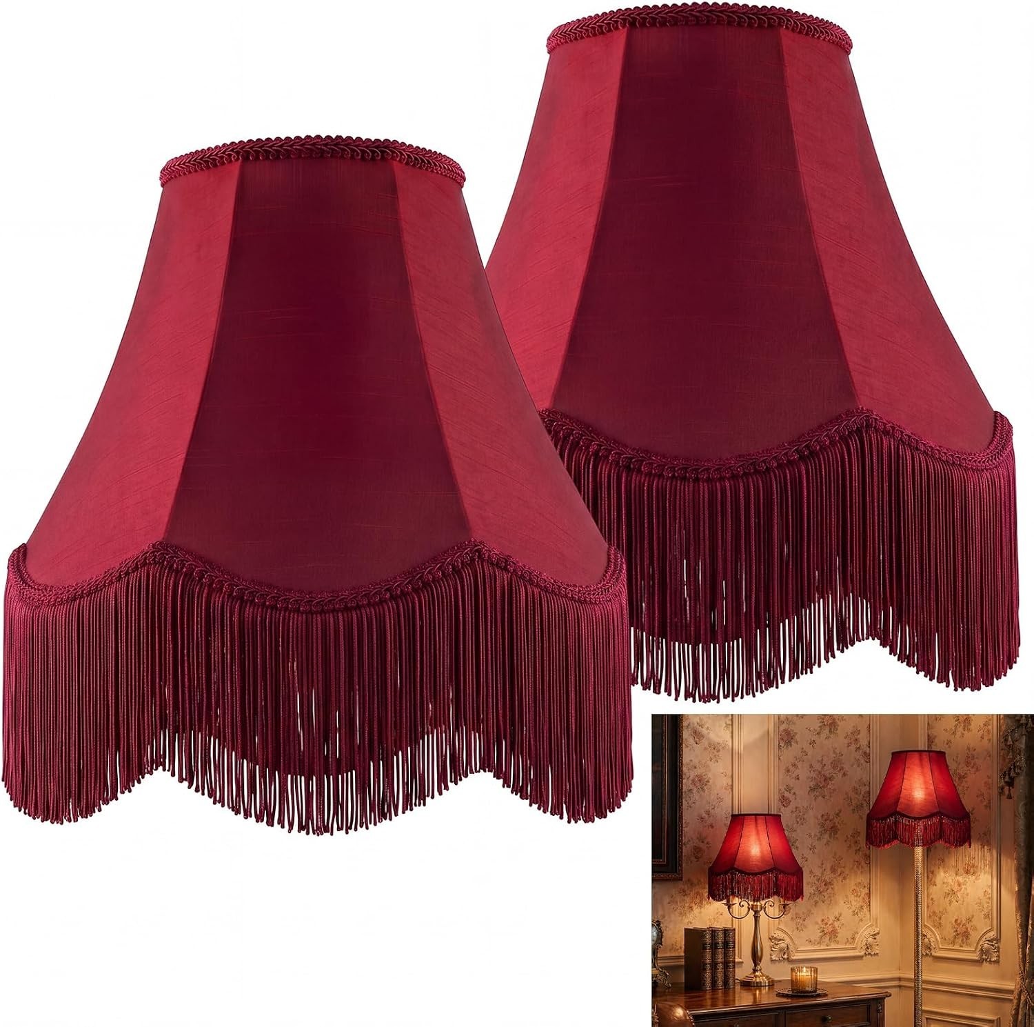 Fringe Lamp Shade Set of 2, Burgundy Vintage Scalloped Lampshade | Victorian Bel