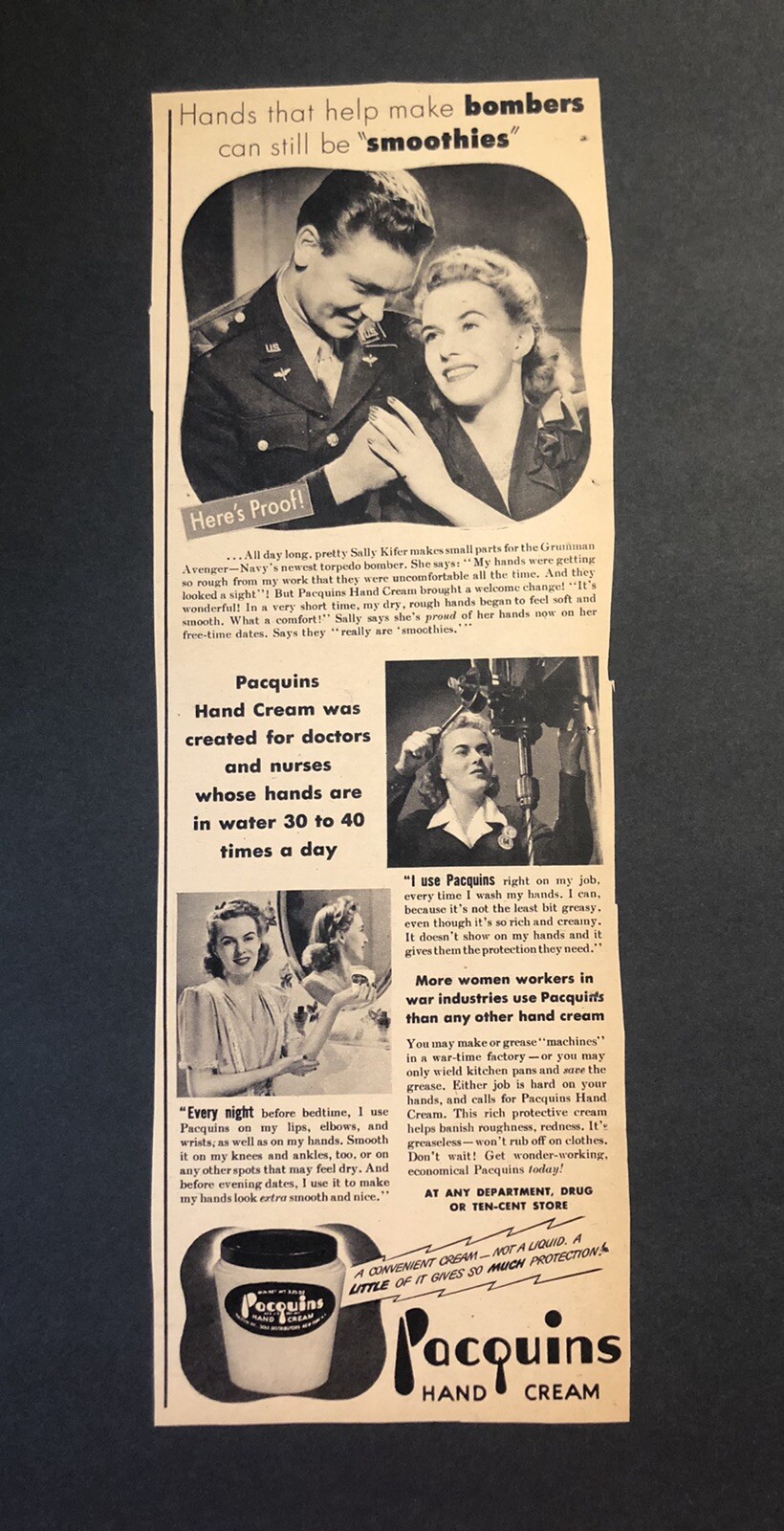 1940’s Wartime Pacquins Hand Cream Magazine Advertisement