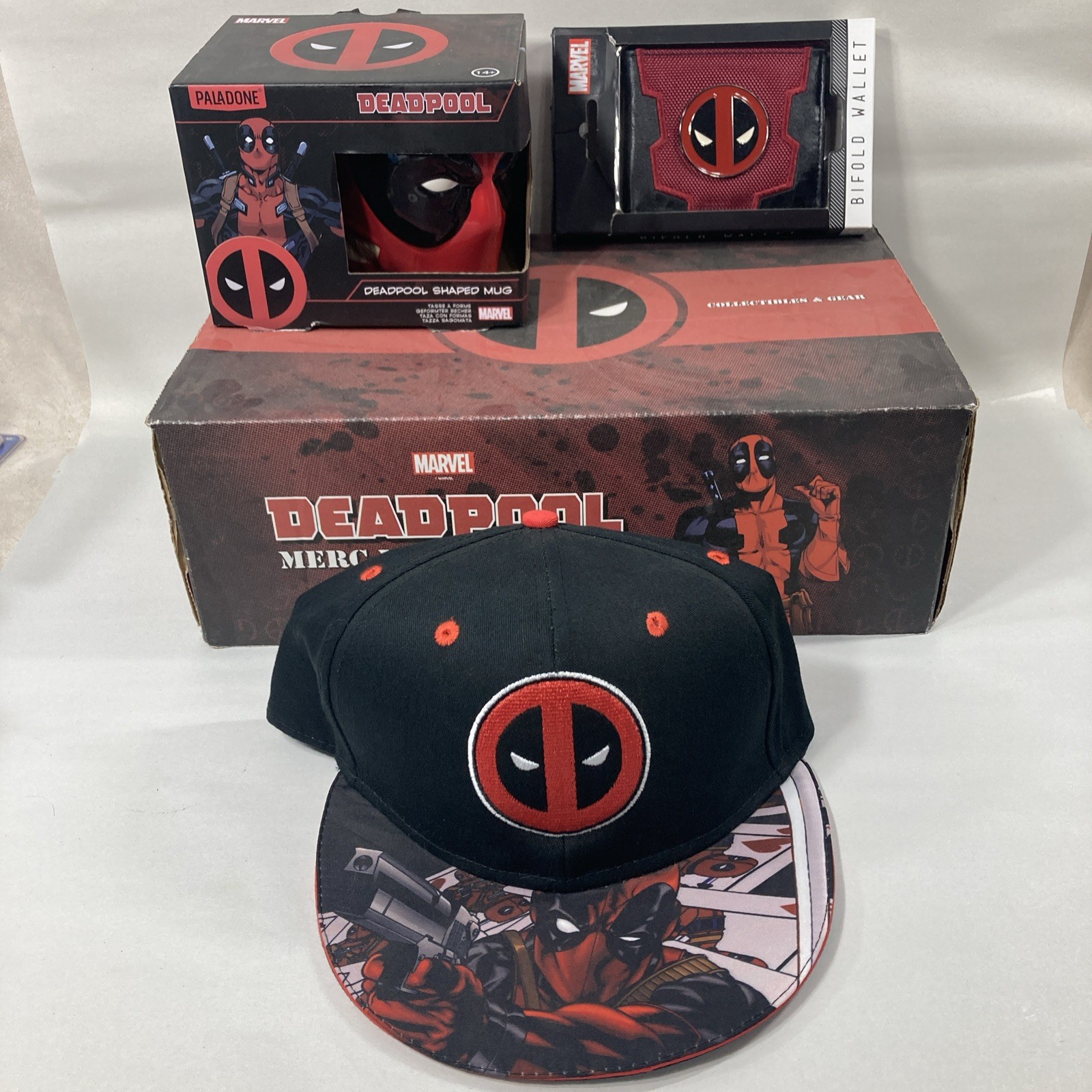 Marvel Deadpool Collectibles & Gear Box, Hat, Wallet, Coffee Mug. Official Merch