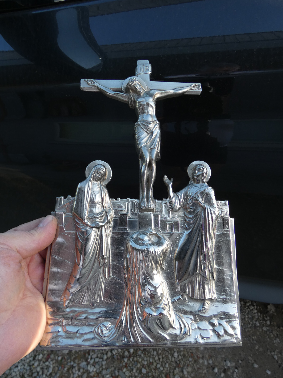 Vintage Belgian Metal calvary plaque religious