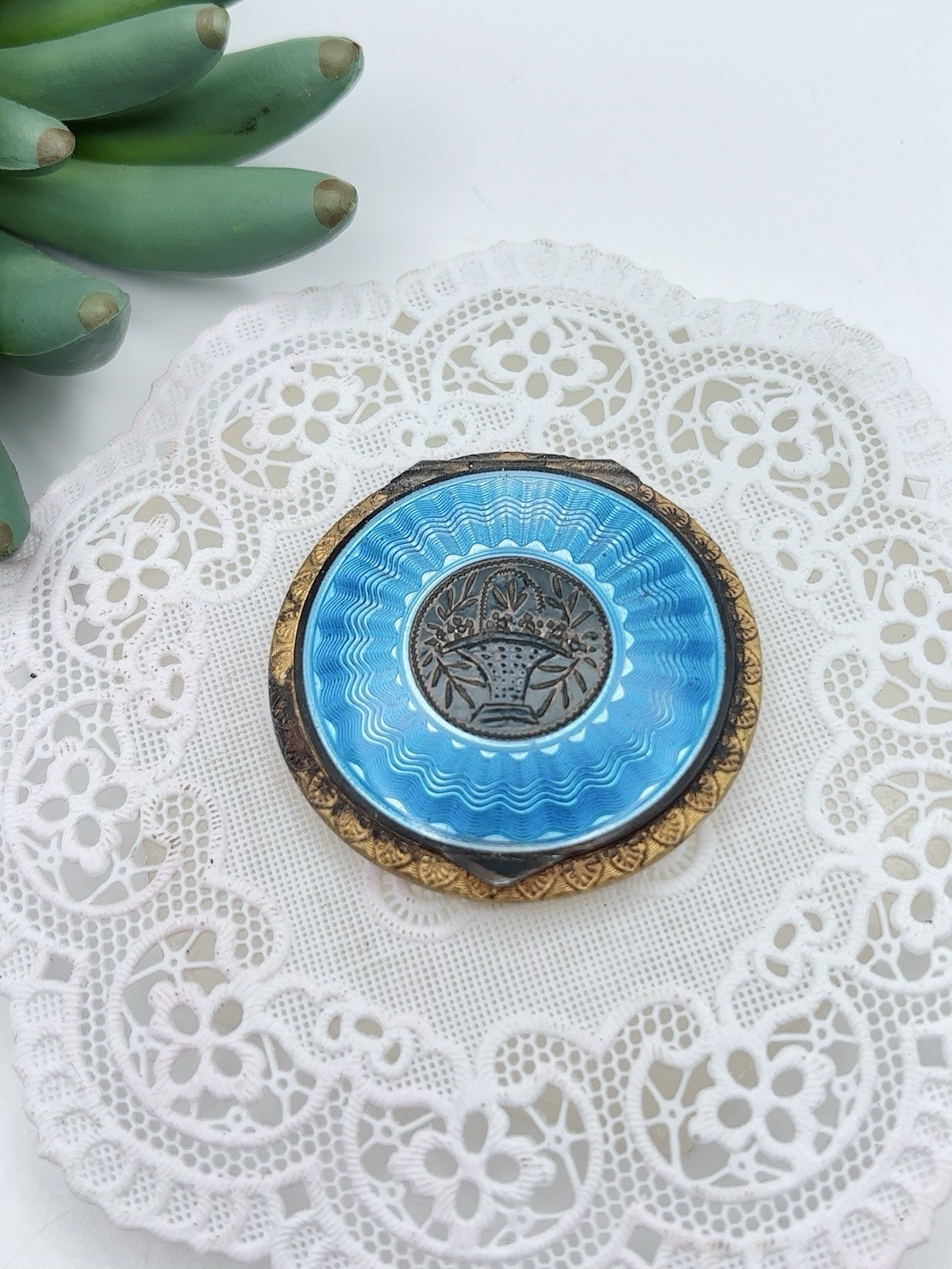 Vintage Blue Enamel Guilloche Compact Art Deco Make Up Vanity Decor Collectible