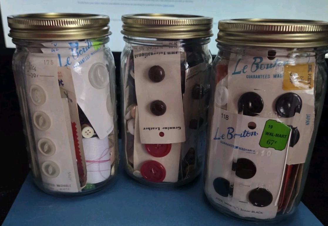 Mystery Sewing Jar Vintage Sewing Notions Lot Thread, Needles, & Loads of Button