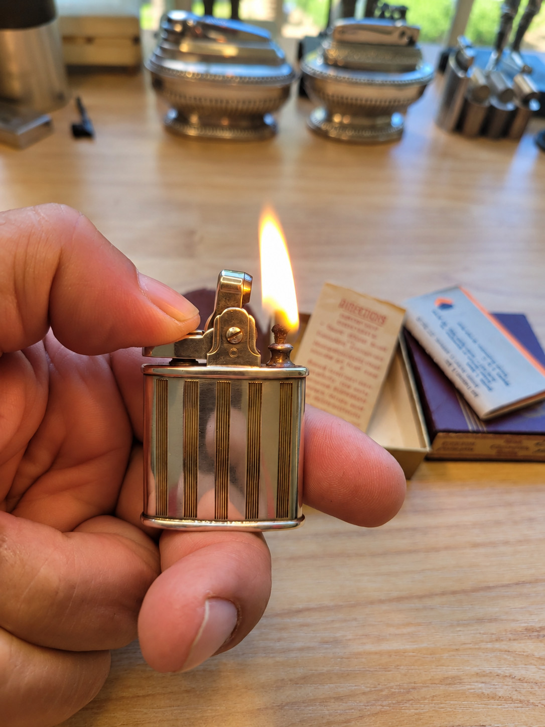 Vintage Ronson Princess Lighter 1950s Silver Chrome Gold-tone Vertical Stripes 