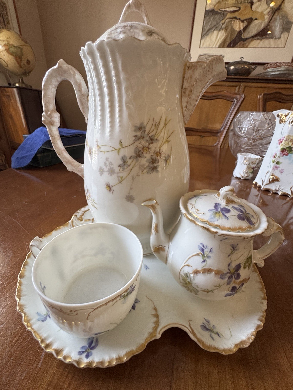 Theodore Haviland Limoges France Floral Tea Pot,  Cup & Saucer Set Gold Trim.