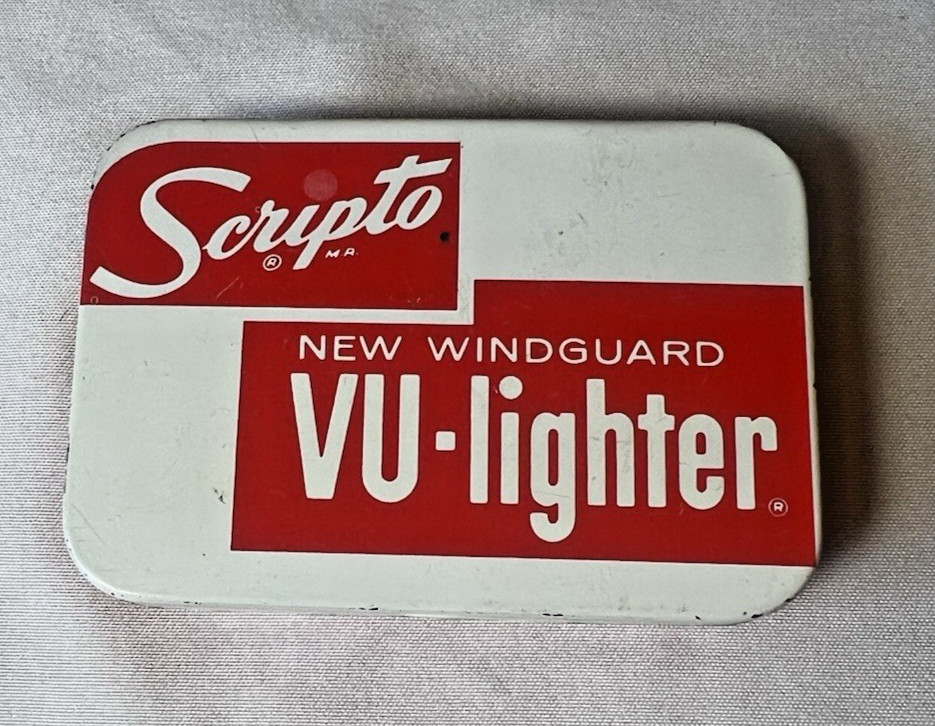 VINTAGE SCRIPTO VU Lighter Tin EMPTY Red & White New Windguard w Paper Z