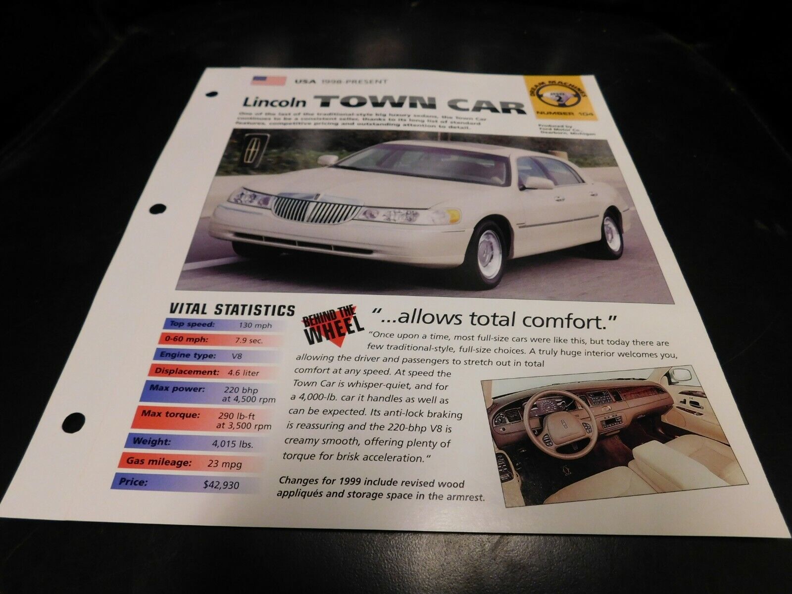 1998-2002 Lincoln Town Car Spec Sheet Brochure Photo Poster 99 00 01