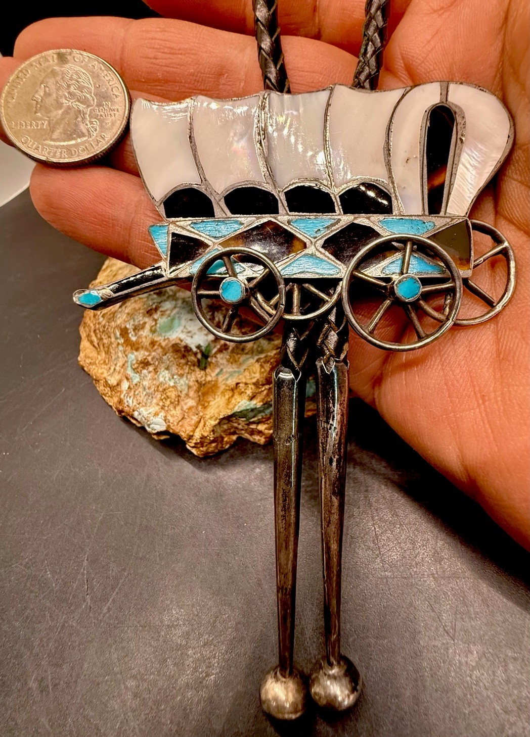 Rare Early Zuni Handmade Sterling Turquoise MOP & Shell Conestoga Wagon Bolo Tie