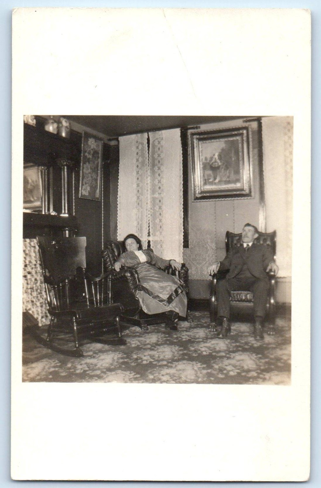 c1910's Couple Rocking Chair House Parlor Interior Dead Dog RPPC Photo Postcard