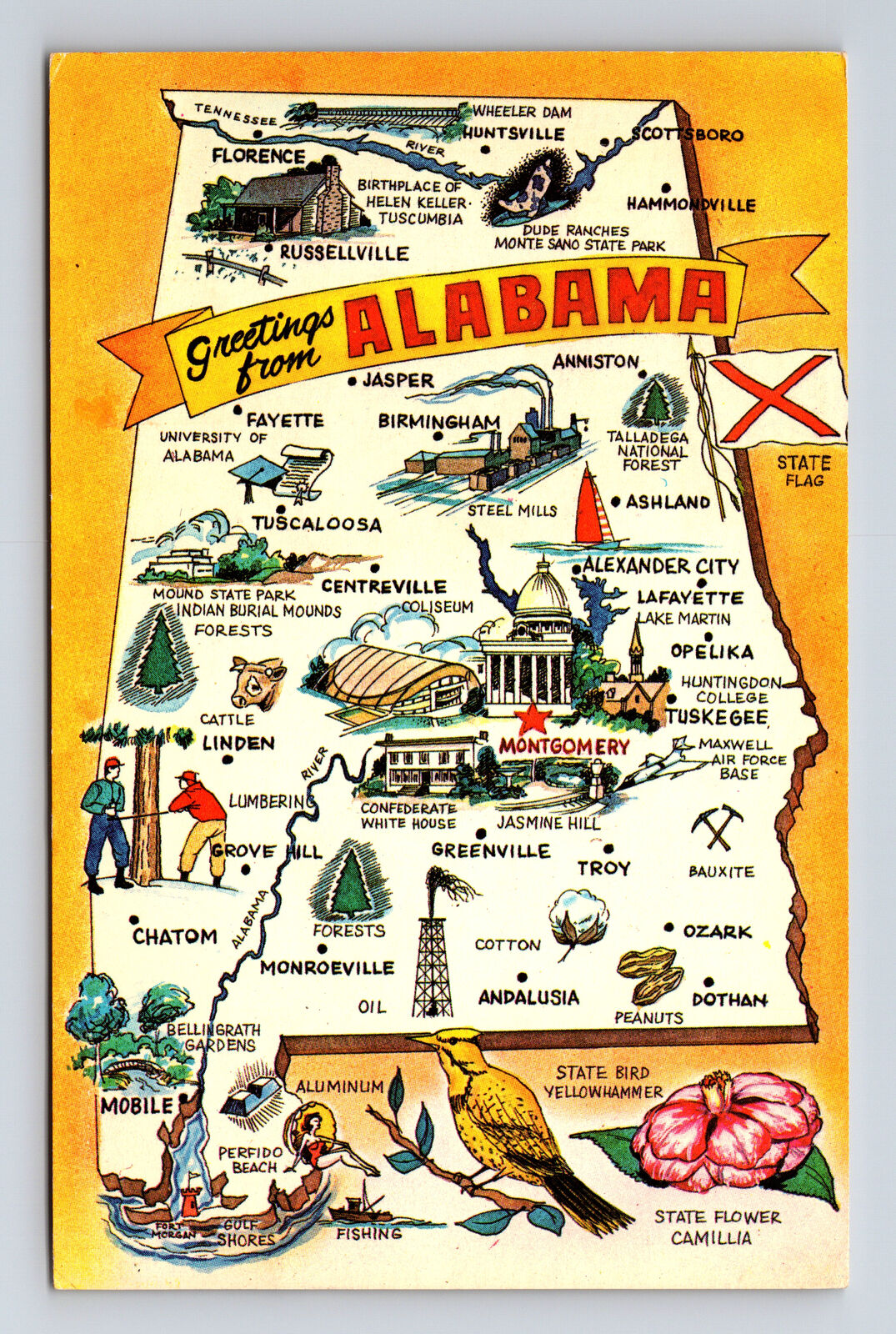 c1963 Pictorial Map Greetins From Alabama Alabama AL Postcard