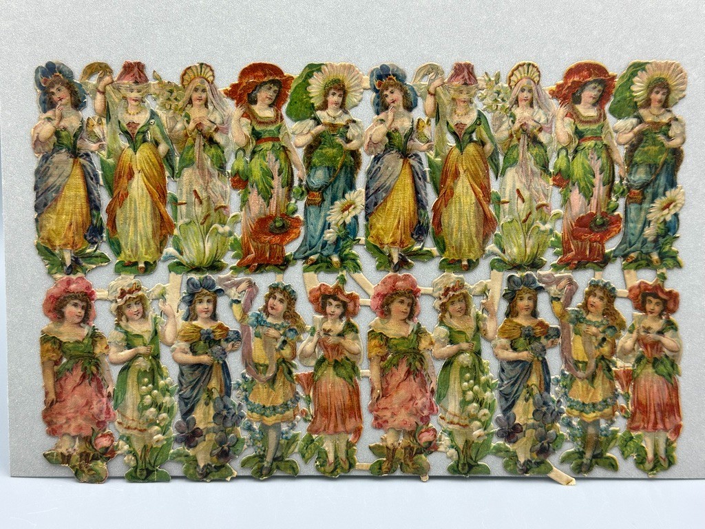c 1890 VICTORIAN FLOWER GIRLS Die Cut Scrap Sheet 1906 Ephemera