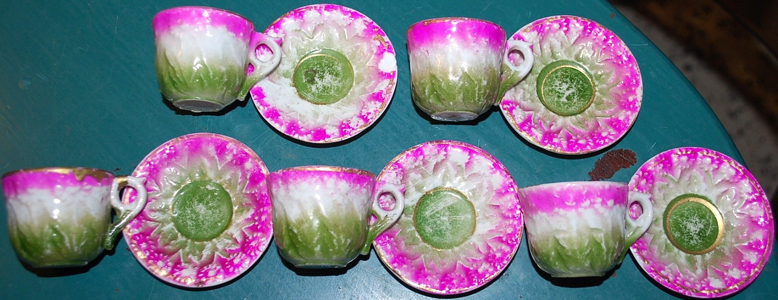 Set 5 Antique CHILDREN'S TEACUPS W SAUCERS Bavarian Porcelain EMBOSSED FLOWERS