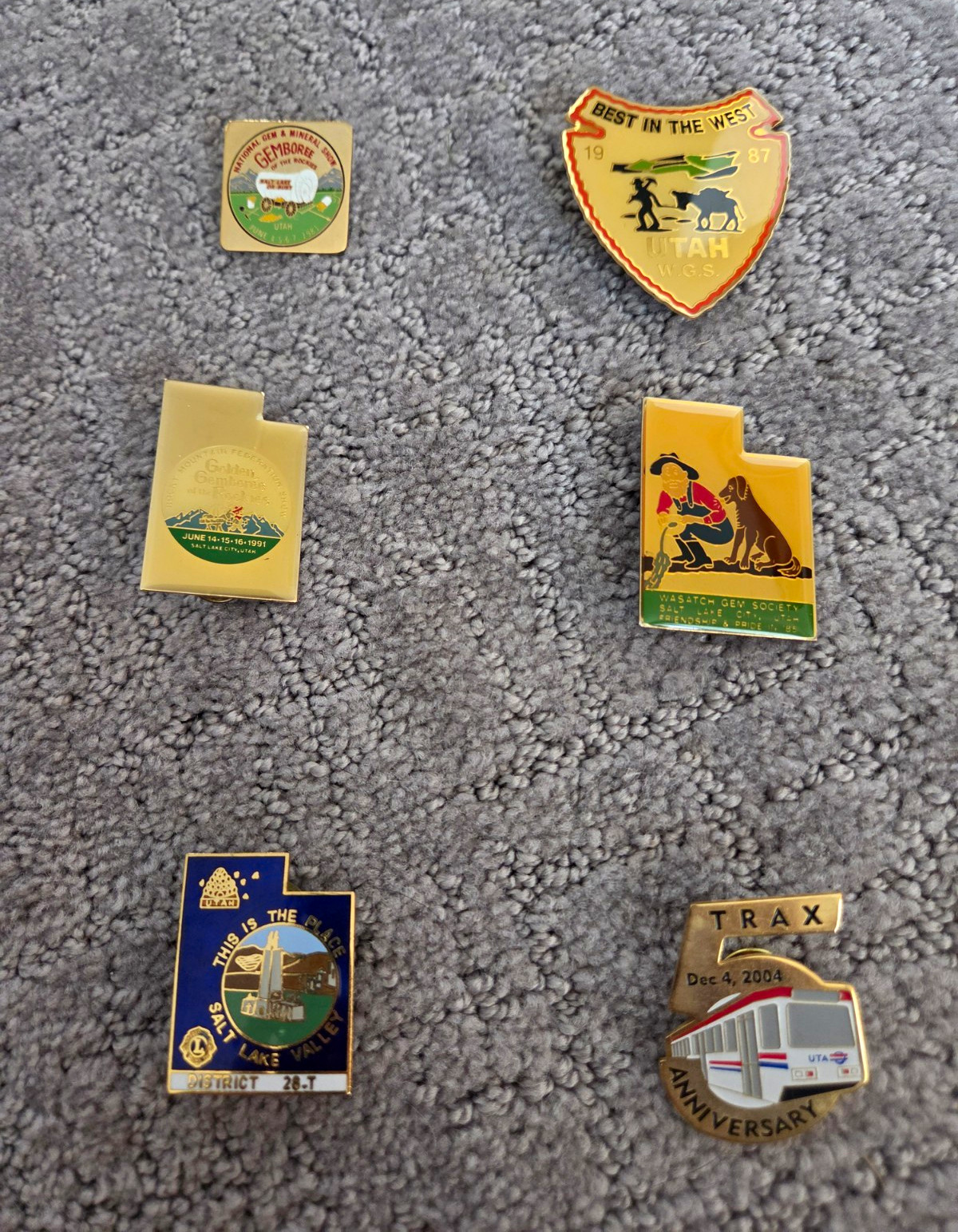 Lot of 6 Vintage Utah Pins - Gem Show 1981 1987 1991 Wasatch Gem Society + TRAX