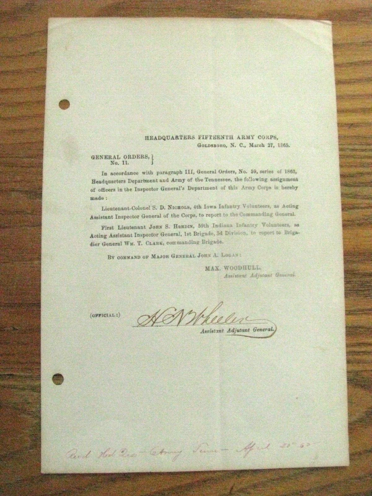 CIVI\\ WAR 4TH IOWA GENERAL JOHN LOGAN ORDER GOLDSBORO NORTH CAROLINA