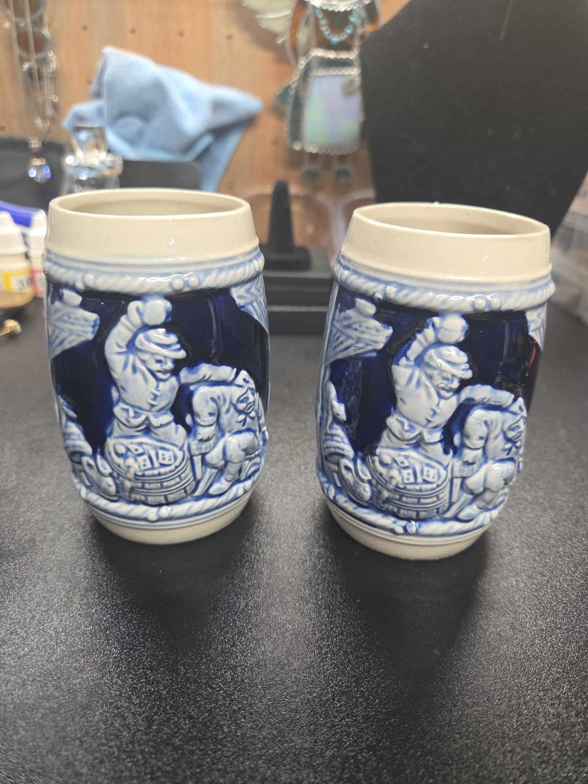 Vintage Cobalt Blue & White Ceramic Beer Steins Mugs - Set of 2 (4.5\