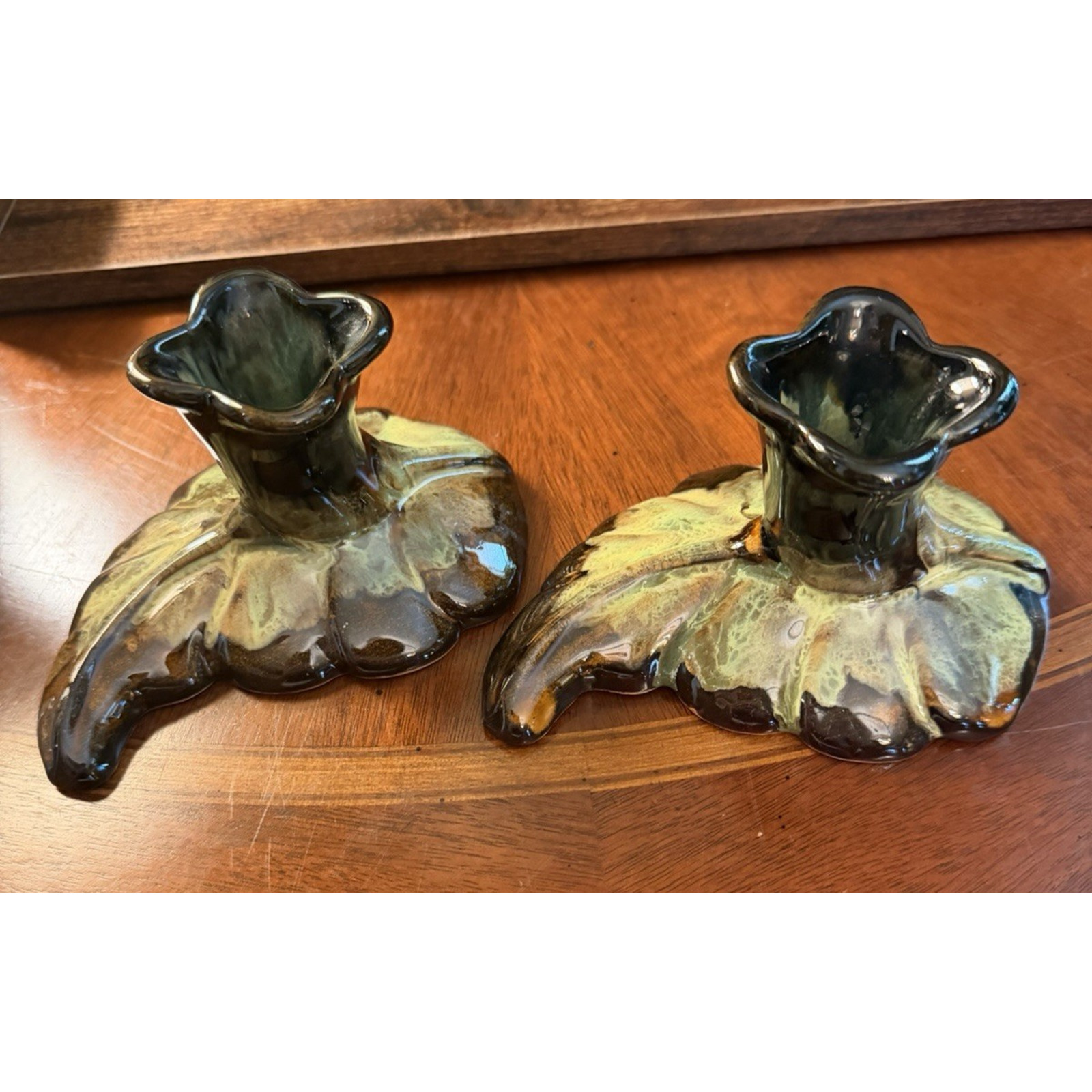 ANNA VAN BRIGGLE Pair of Candle Holders Black, Brown & Green Drip Glaze ca.1963