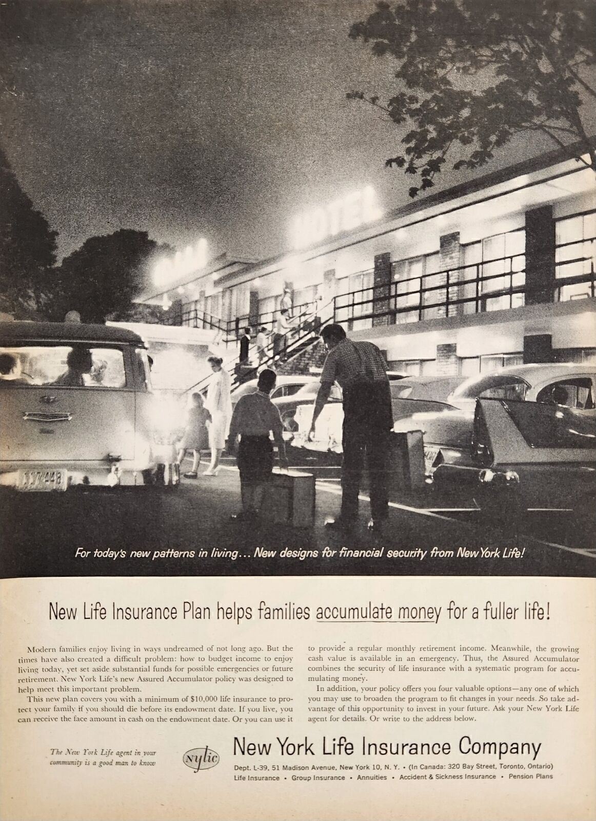 1958 Print Ad New York Life Insurance Station Wagon Family Checks Into a Motel