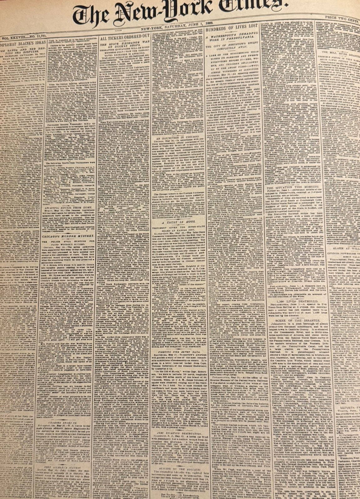 Vintage Johnstown Flood June 1, 1889 NEW YORK TIMES News Article