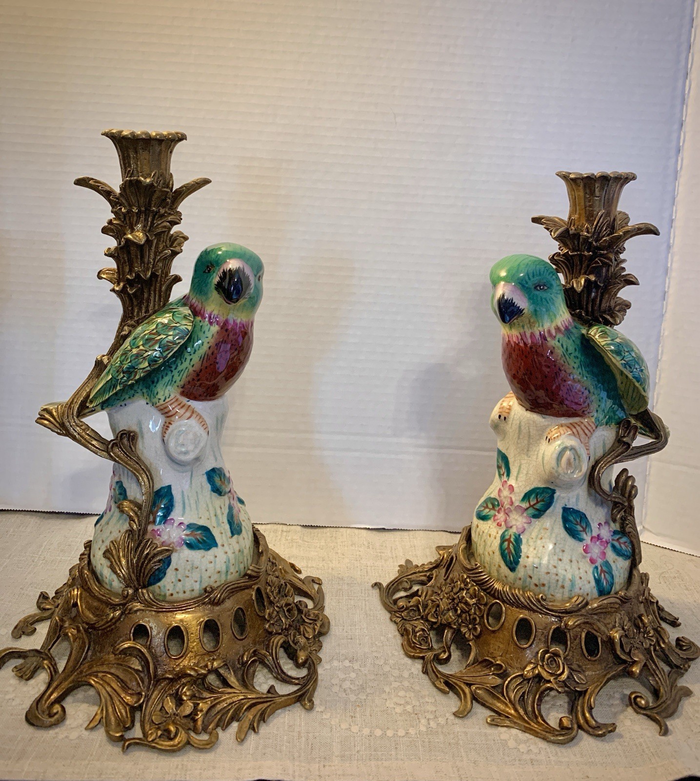 Exquisite Pair Of Rare Bronze Mounted Porcelain Parrot Candlesticks.