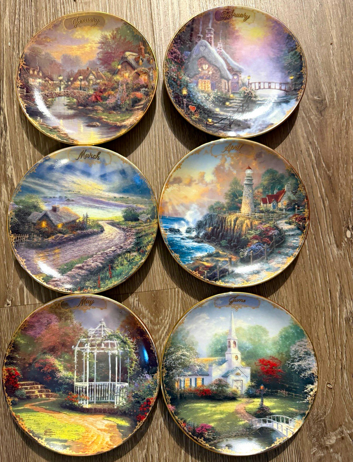 Thomas Kinkade Simpler Times Set of 12 Porcelain Plates Scenic Landscapes COA