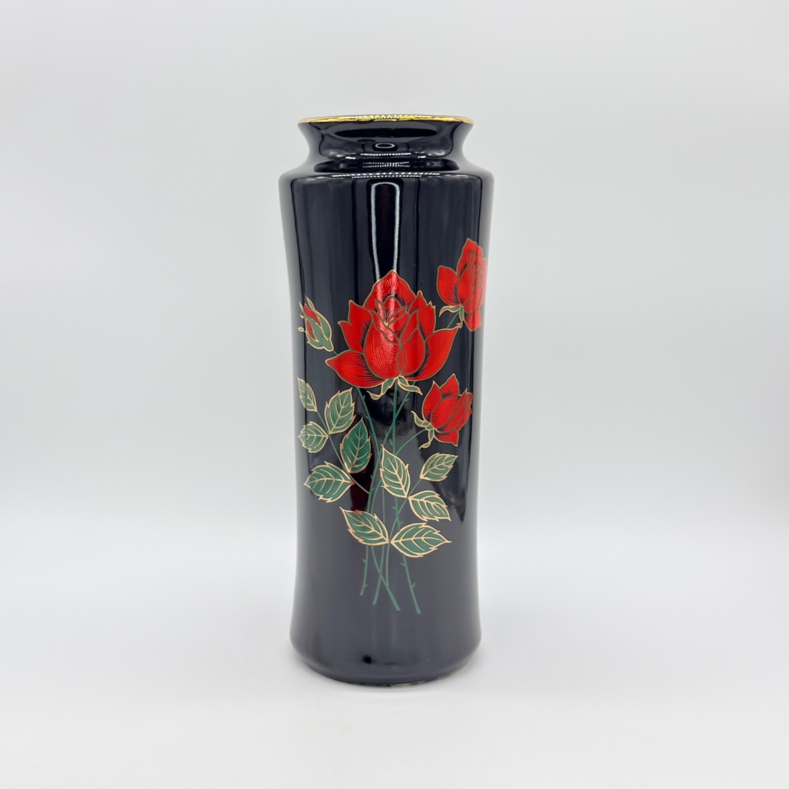 Otagiri Japan Crimson Rose Black Vase w/Gold Trim & Hand-Painted Red Roses 11\
