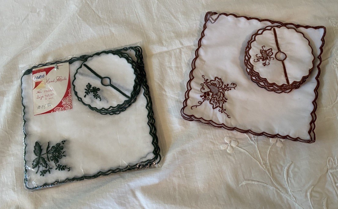 Vtg Hand Made Embroidered Cocktail Coaster Mat Lot of 2 Sets Service for 12 NOS