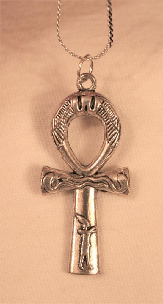 Petite Etch Textured Egyptian Symbols Ankh for Life Cross Silvertone Necklace