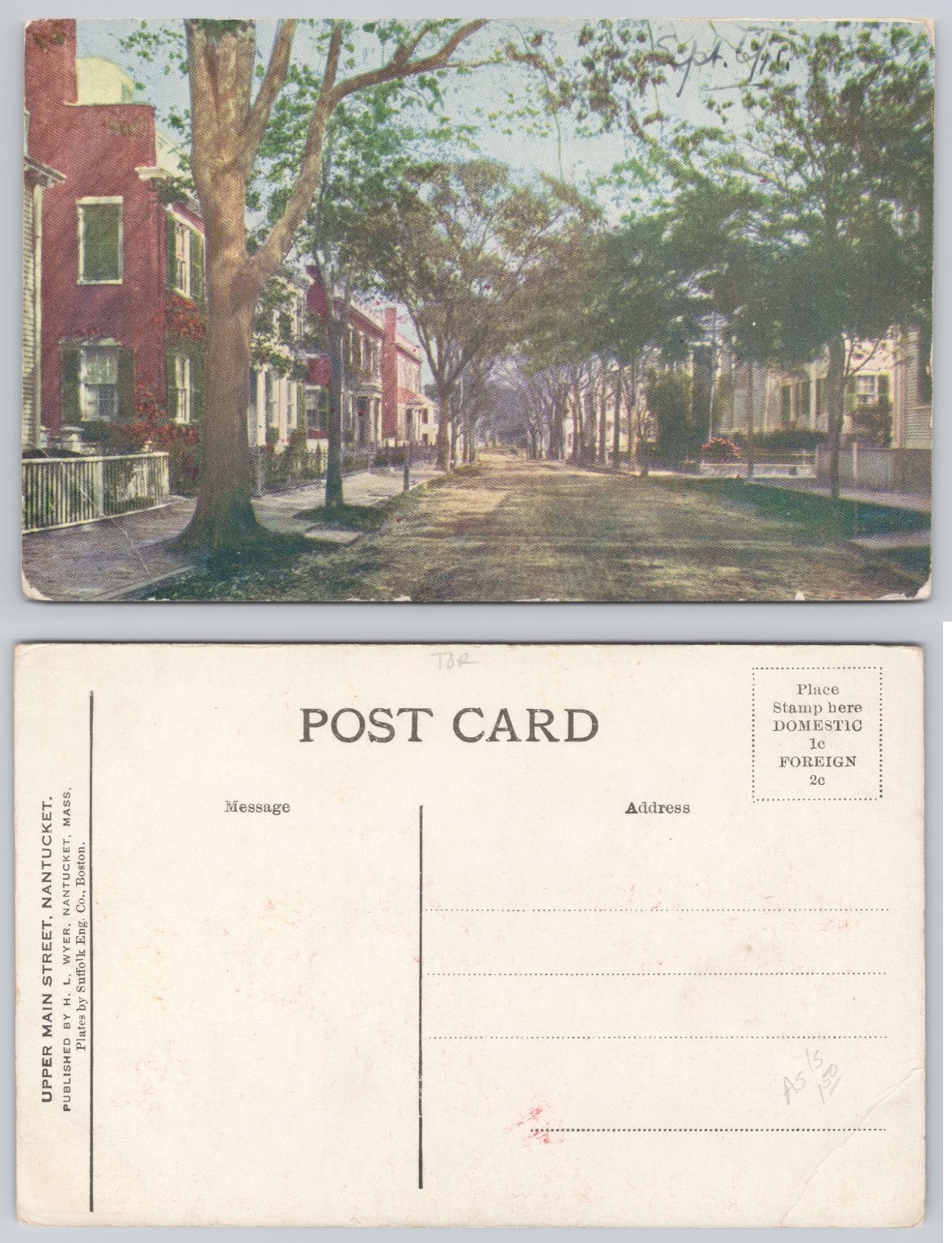 Upper Main Street Nantucket MA Postcard Tree Lined H. L. Wyer