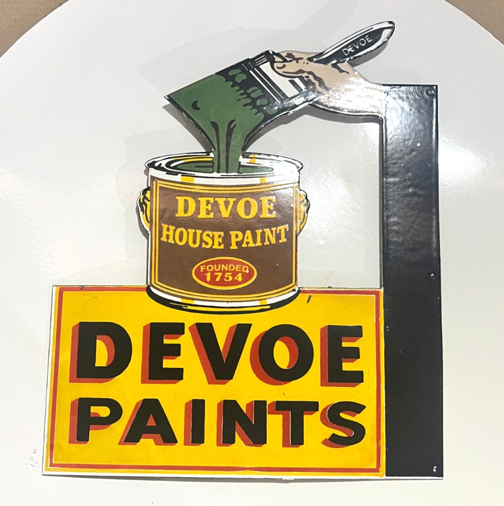 Porcelain Devoe Paint House 1754 Enamel Vintage Sign DieCut Hardware 13.5x16