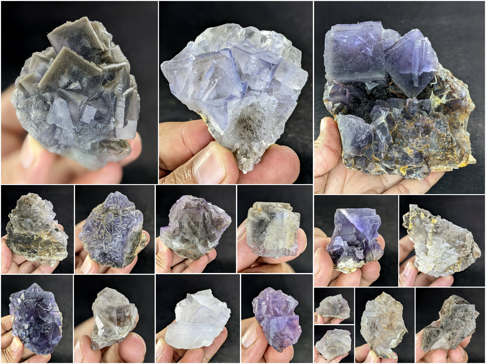 Fluorite Specimens Lot Natural Purple Blue Cubic Formation Crystals 17Pcs, 3.6kg