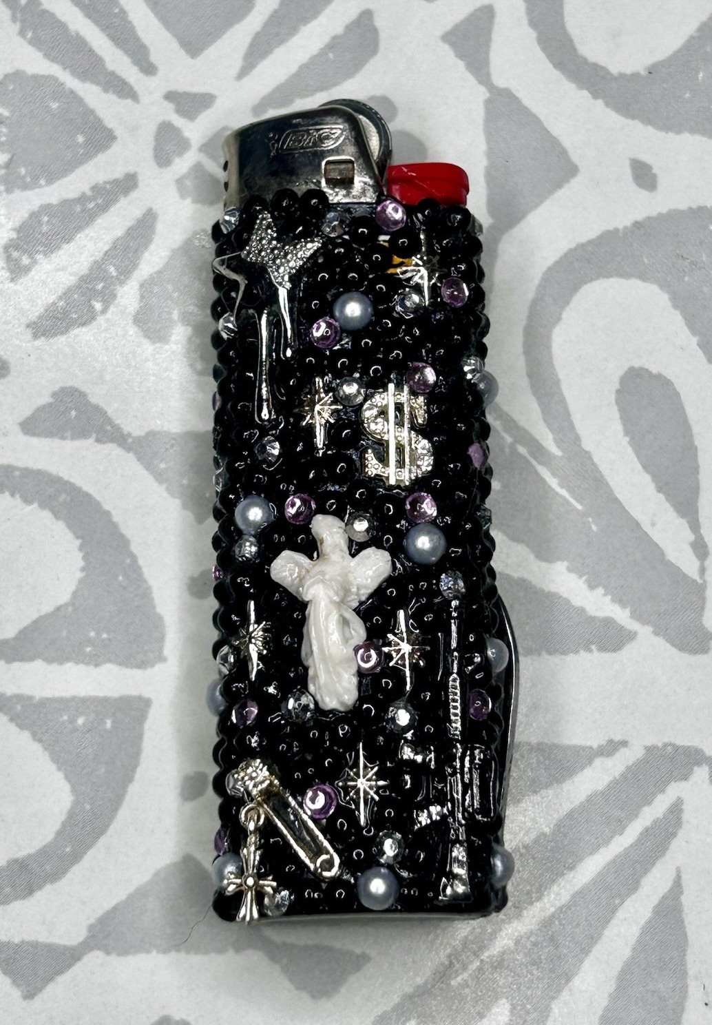 Handcrafted $uicideboy$ Black/Silver Rhinestone BIC Lighter w/ mini pocketknife