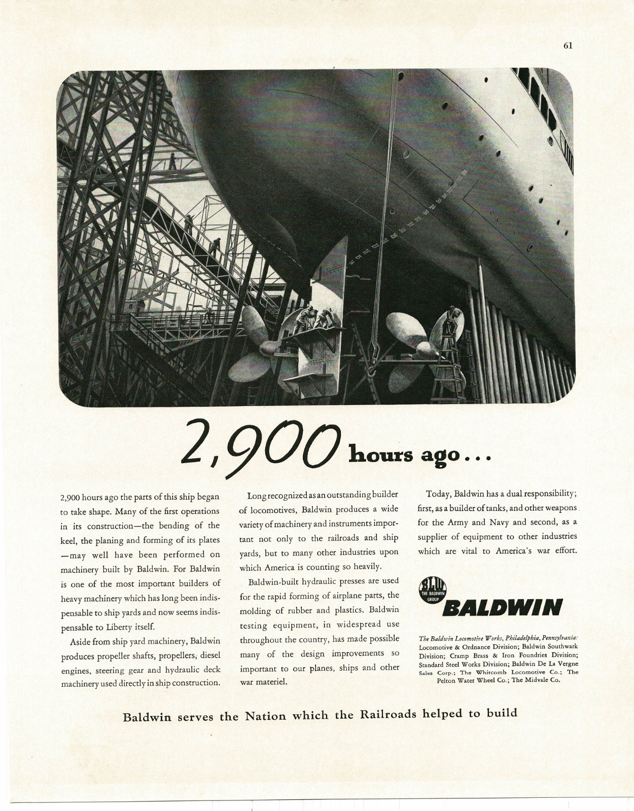 1942 Baldwin Locomotive Works Building Parts For Warships art WWII Vintage Ad