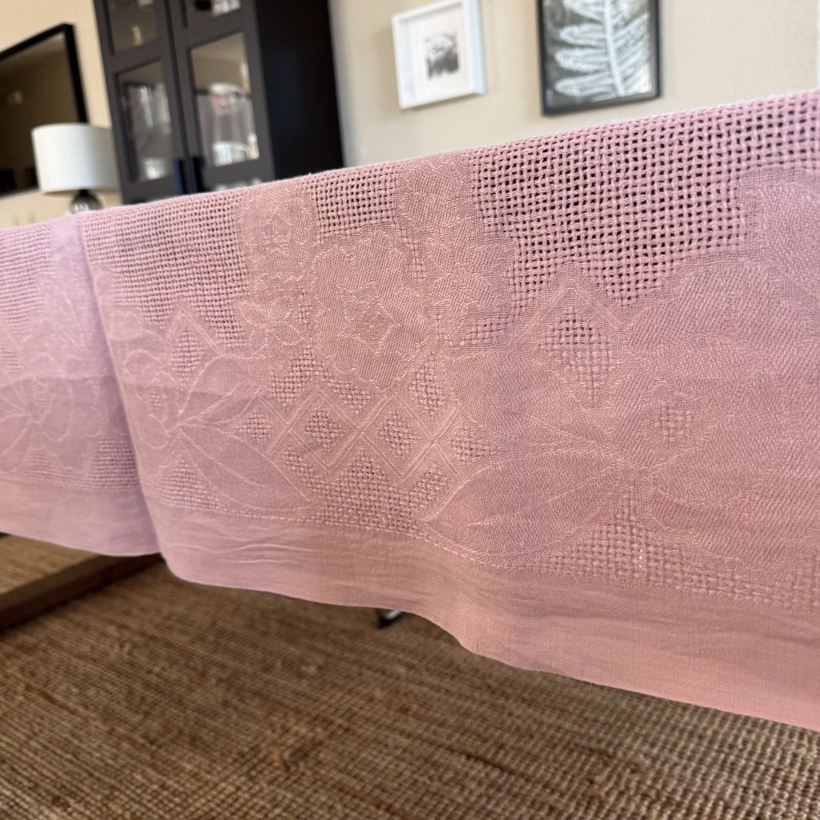 Vintage Peasant-Craft Pink Linen Damask Tablecloth Rectangular 98\