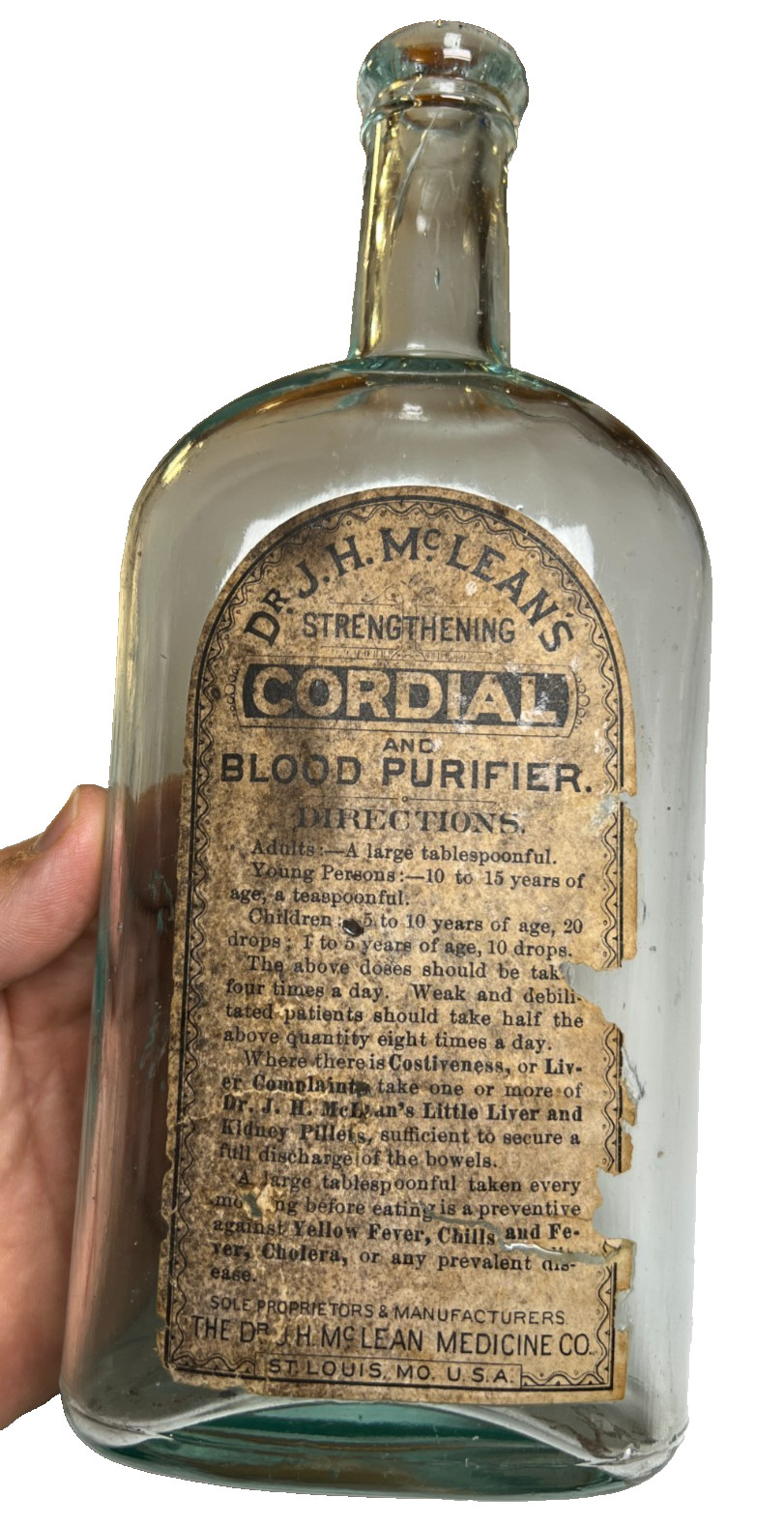 Antique c1894 Dr McLean's Cordial Blood Purifier Label Bottle St Louis Missouri