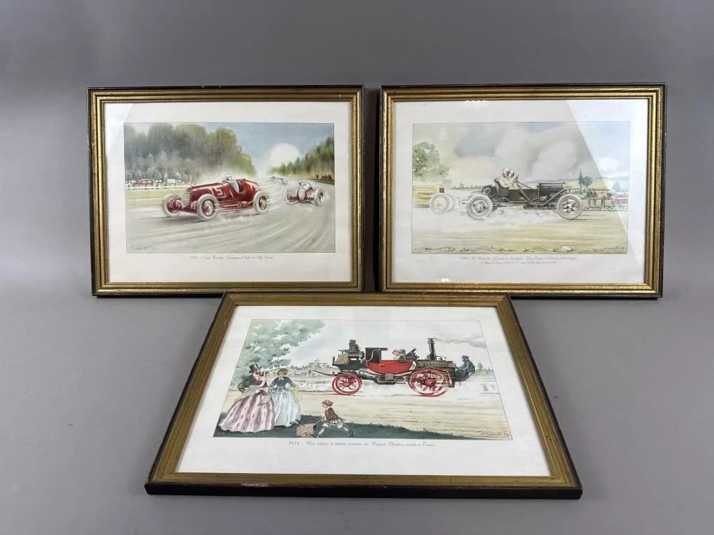 : Vintage 1953 Crisconio Automotive Art Prints Lot 3 Framed Alfa Romeo Bugatti