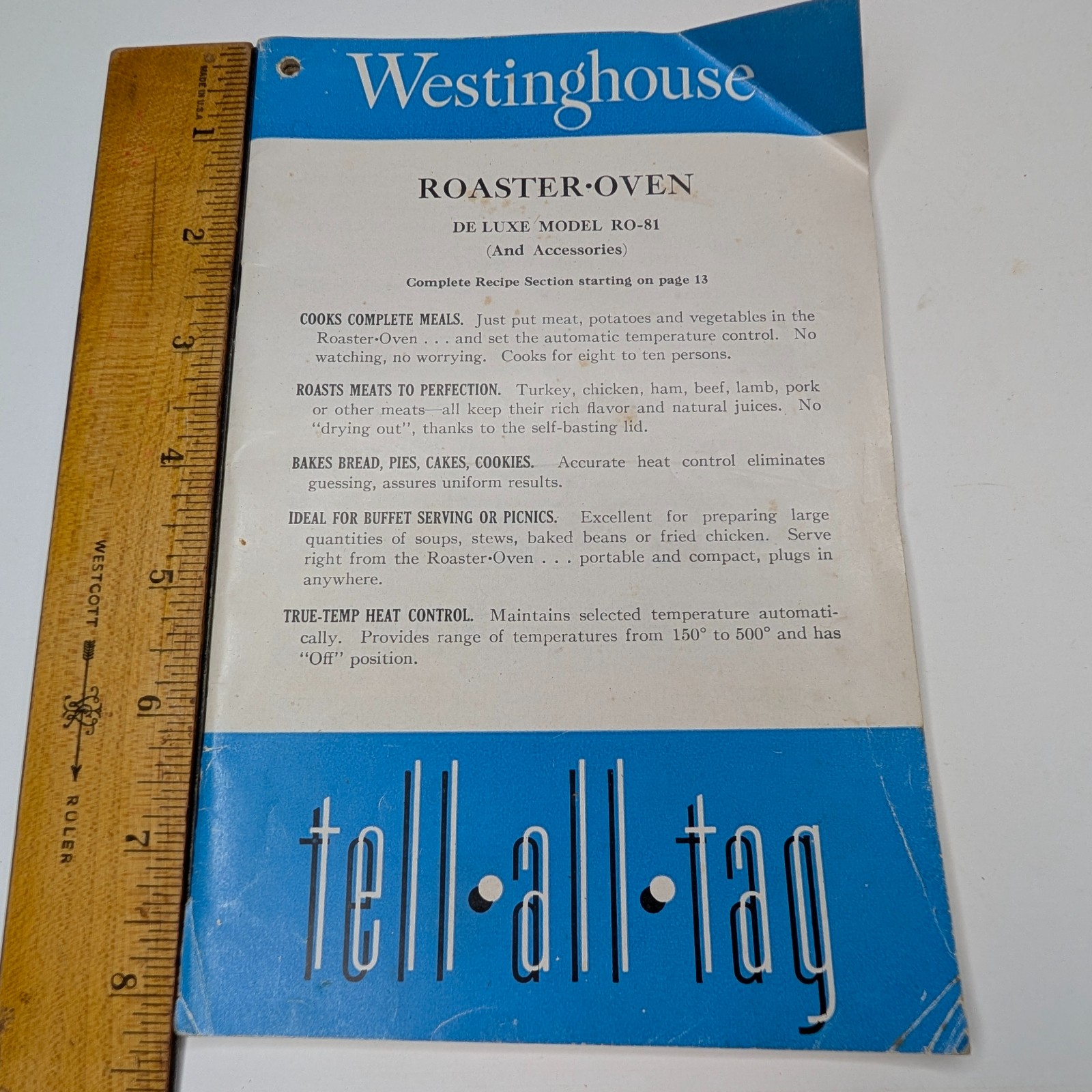 c1950s Westinghouse RO-81 Roaster Oven Manual Recipe Book Tell-All-Tag Mansfield