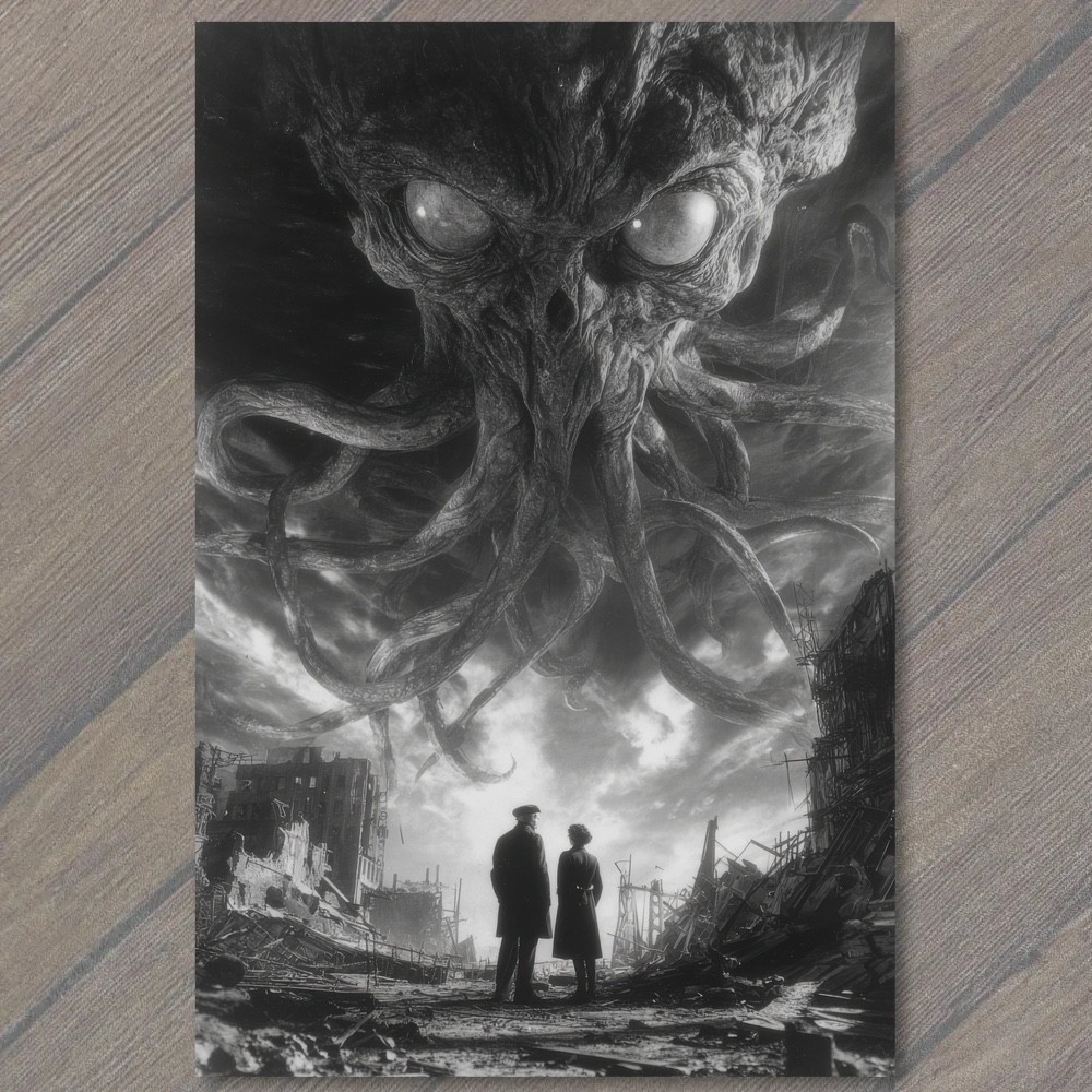 POSTCARD Cthulhu Lovecraft Horror Monster Tentacles Ruined City Black White