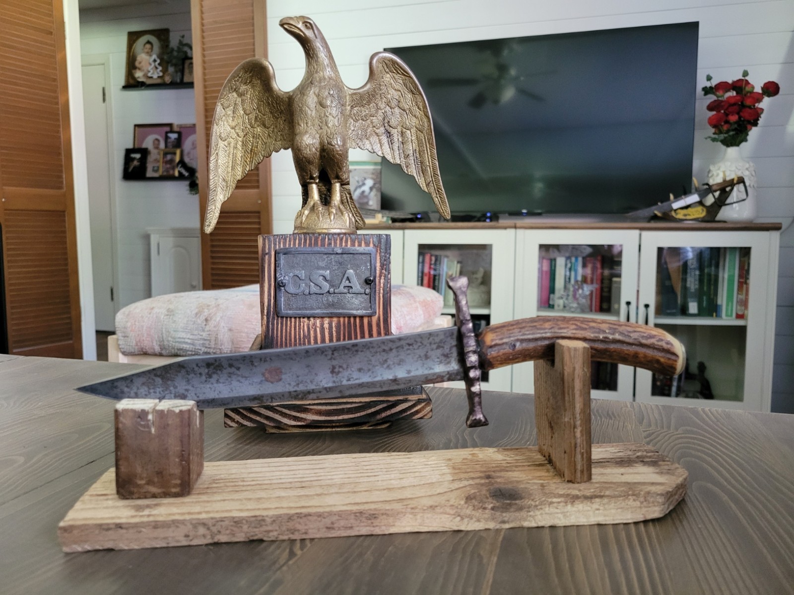 Antique Eagle Head Blade Stag Handle Bowie by Philip Adams