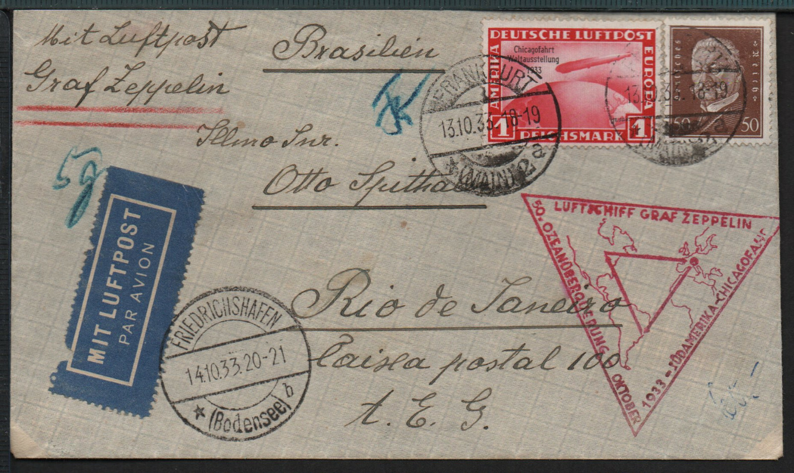 ✔️ 1933 GERMANY DR Zeppelinpost Graf Zeppelin Chicago fahrt EXCELLENT RARE COVER