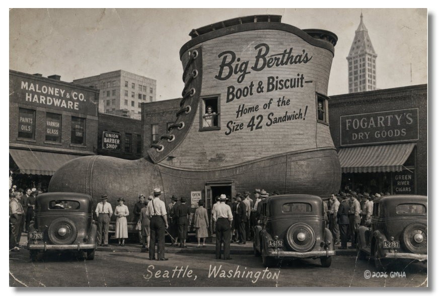 Vintage‑STYLE  ART 1930s RPPC-BIG BERTHA\'S BOOT & BISCUIT SEATTLE WA-FAUX PHOTO
