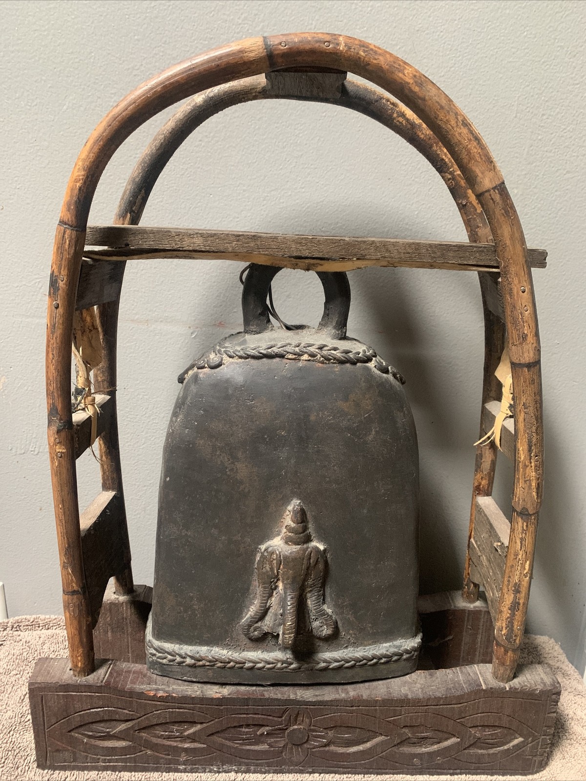 Antique Vintage Bronze Elephant Bell  KAREN HILL TRIBE Wicker Rattan stand
