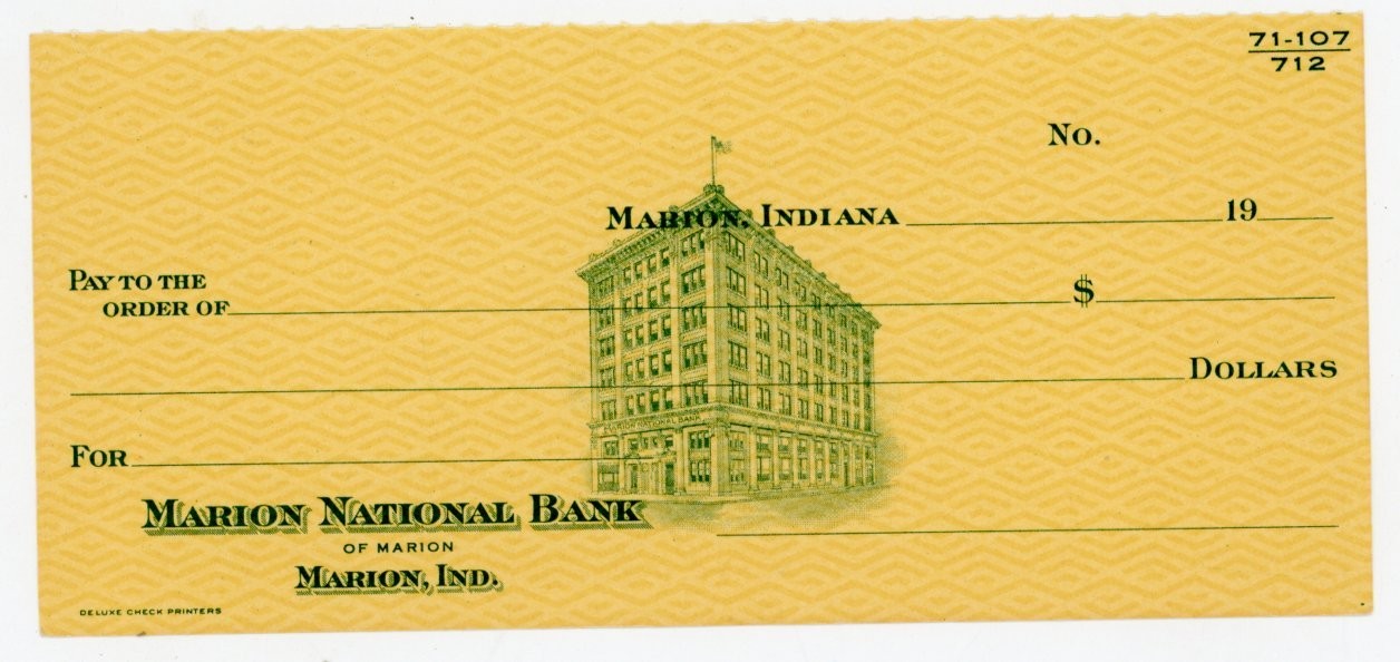Vintage Marion National Bank Check Marion Indiana Illustrated Building Unused