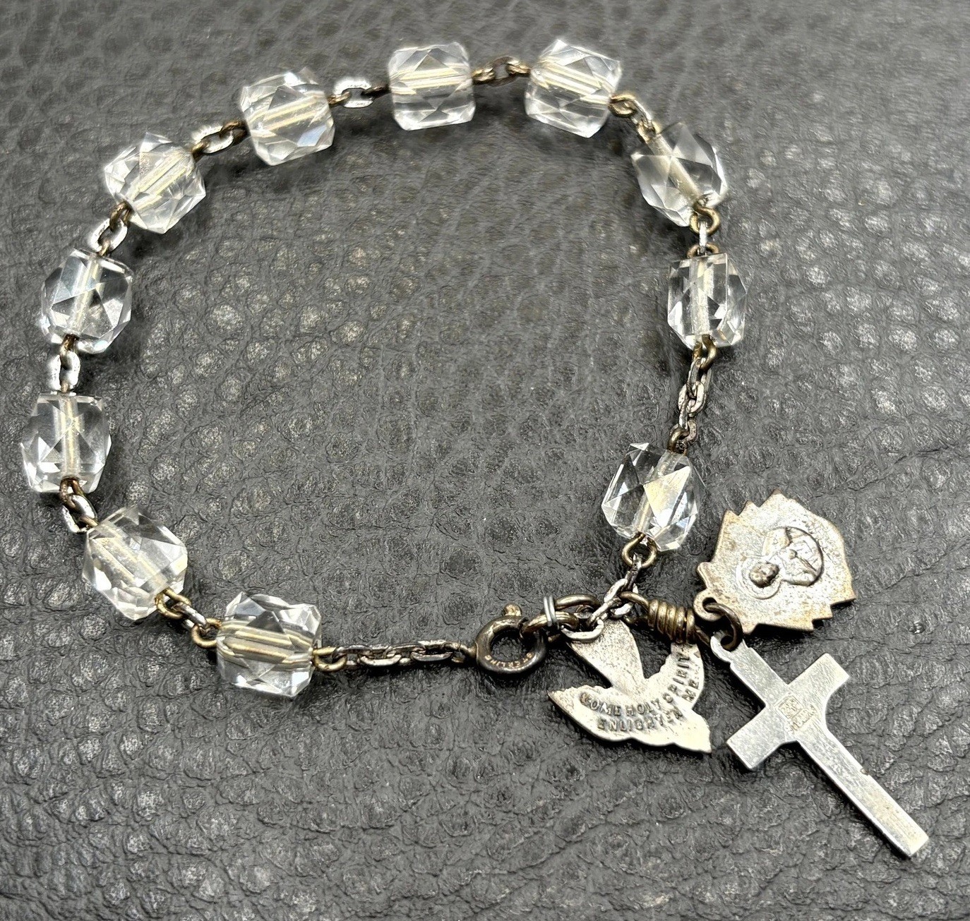 VTG Sterling Silver Rock Crystal Rosary Bracelet Cross Holy Spirit Bird Charm 7”