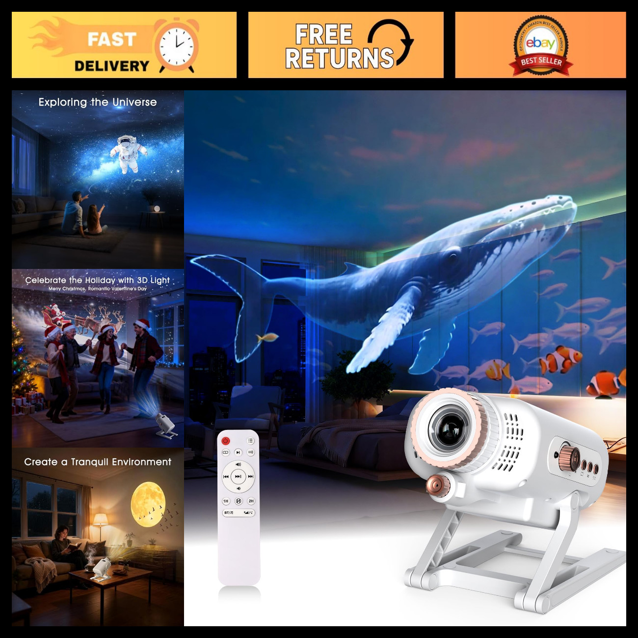 3D Galaxy Projector, 60 Dynamic Scenes Star Projector with Bluetooth Speaker & 1