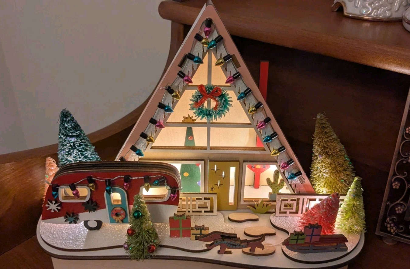 2024 World Market LED Lazer Cut Mid Century Lighted  Christmas A-Frame, Camper